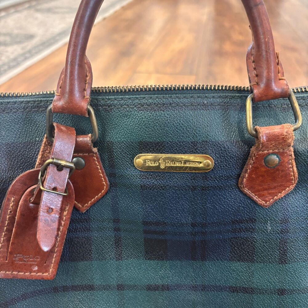 Vintage Polo Ralph Lauren Mini Boston Bag Blackwatch Green PVC Leather Handbag - Picture 2 of 14